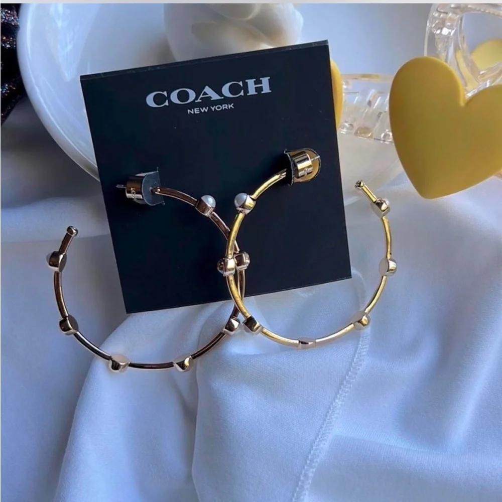 Coach Gold Hoop Earrings with Pearl and Crystal Accents - Picture 2 of 2